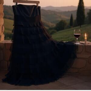 Laundry Shelli Segal Silk Ruffle Midi Dress Black Strapless Cocktail Womens 6